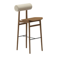Minimalist bar stool in rich brown wood with a sleek cream cushion and subtle curved details. Perfect for modern spaces.