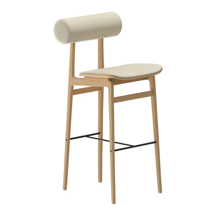 Cream-colored bar stool with a cylindrical backrest and a simple, modern design featuring natural wood legs.