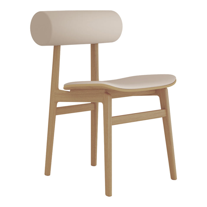 Light beige chair with smooth, rounded backrest and minimalist wooden legs, showcasing a simple, modern design.