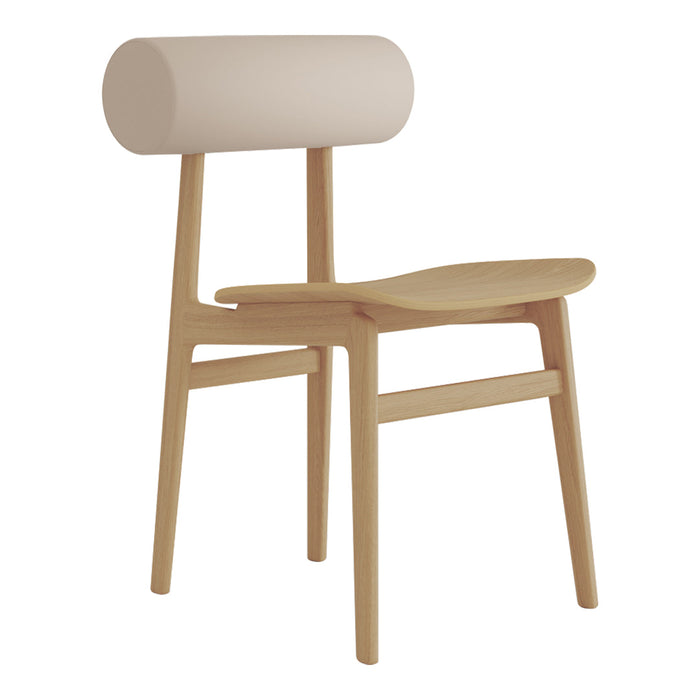 Minimalist wooden chair with a natural finish and a soft beige padded backrest. Clean lines and simple design.