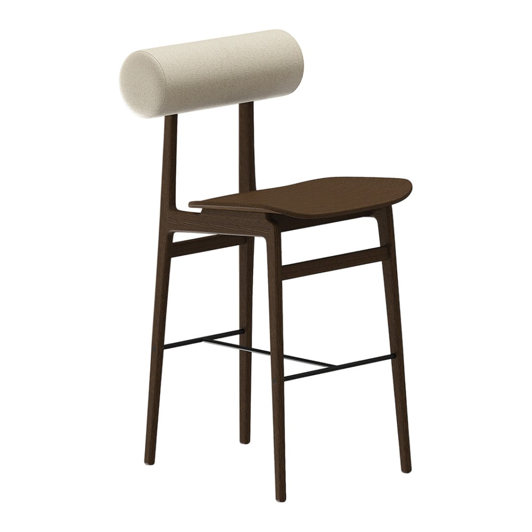 Modern brown wooden bar stool with a sleek cream cylindrical backrest. Minimalist design featuring clean lines.