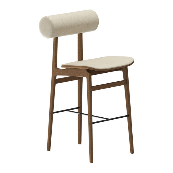 Light beige upholstered stool with a rounded backrest and wooden legs in a warm brown finish. Minimalist design.