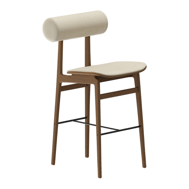 Light beige upholstered stool with a rounded backrest and wooden legs in a warm brown finish. Minimalist design.