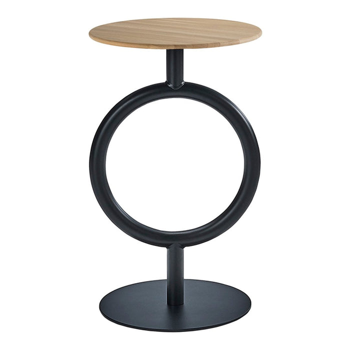 Modern circular side table with a natural wood top and sleek black metal base, featuring a unique ring design.