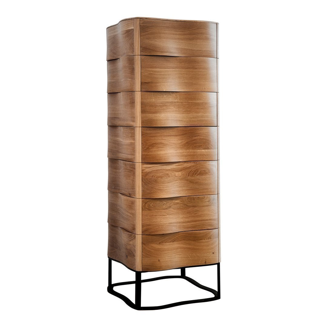 Tall wooden dresser with a smooth, wave-patterned finish in warm brown tones, set on a sleek black metal base.