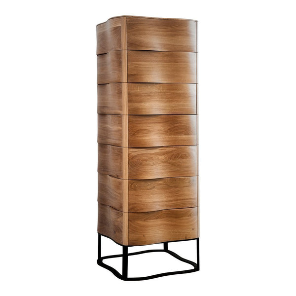 Tall wooden dresser with a smooth, wave-patterned finish in warm brown tones, set on a sleek black metal base.