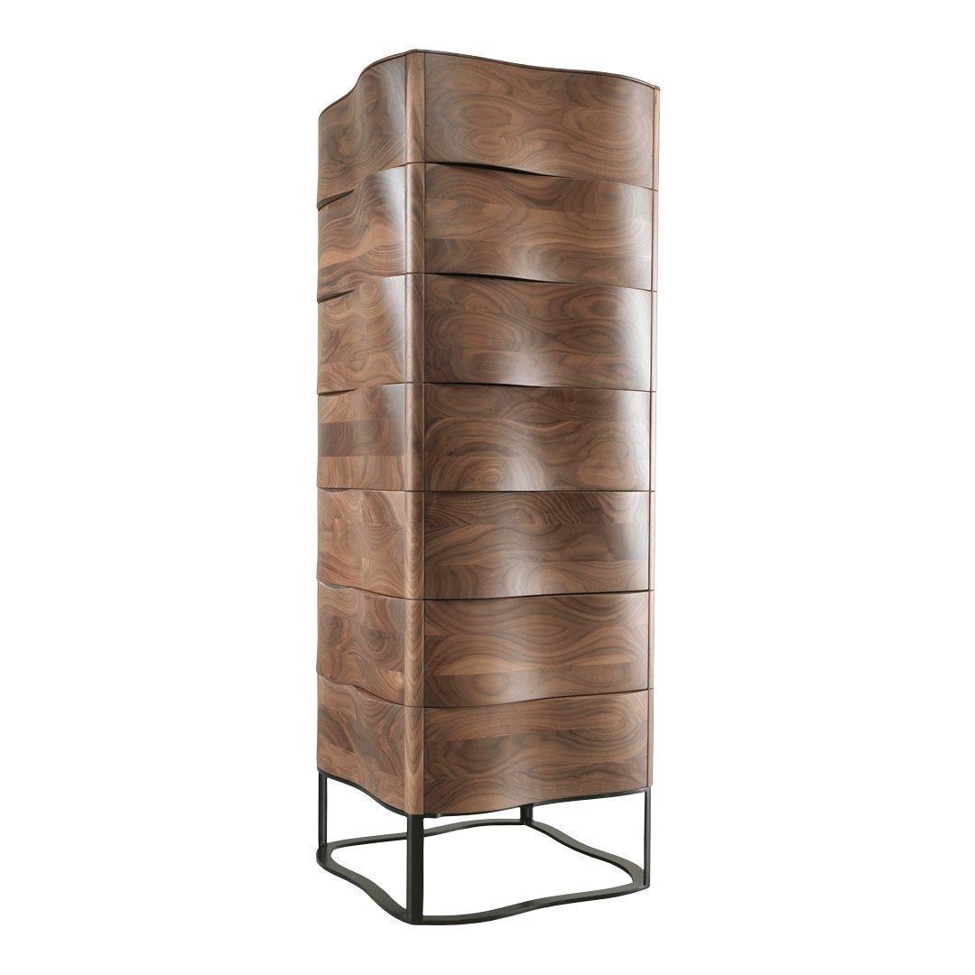 Tall wooden cabinet with a rich walnut finish and sleek, wavy drawer patterns on a modern black metal frame.