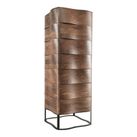 Tall wooden cabinet with a rich walnut finish and sleek, wavy drawer patterns on a modern black metal frame.