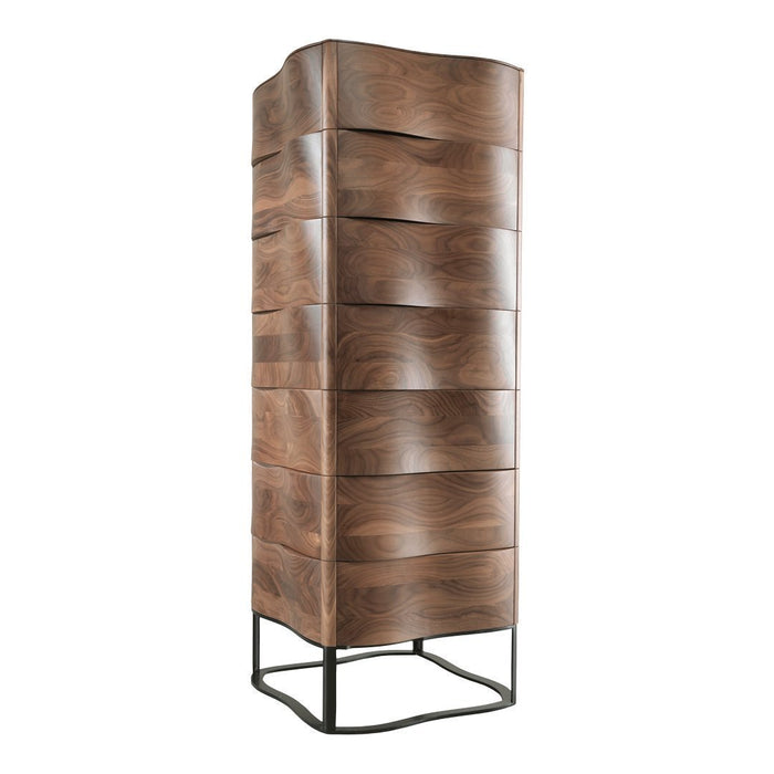 Tall wooden cabinet with a rich walnut finish and sleek, wavy drawer patterns on a modern black metal frame.