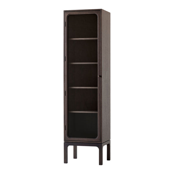 Tall, dark wood cabinet with glass doors and sleek lines, featuring a minimalist design and no visible patterns.