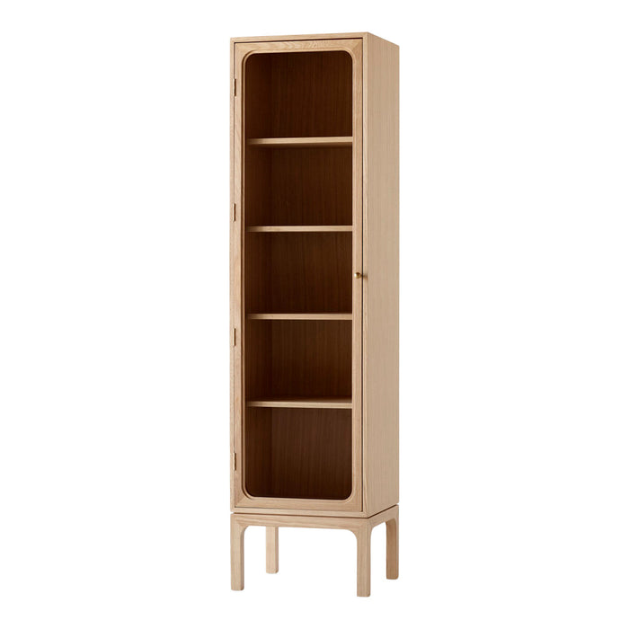 Tall natural wood cabinet with a smooth finish and a minimalist design. Clear glass door and four open shelves.