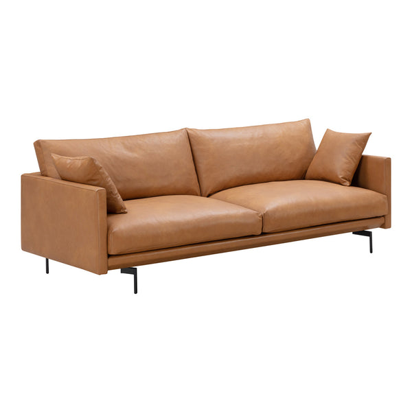 Tan leather sofa with a minimalist design, featuring smooth, clean lines and subtle texture.
