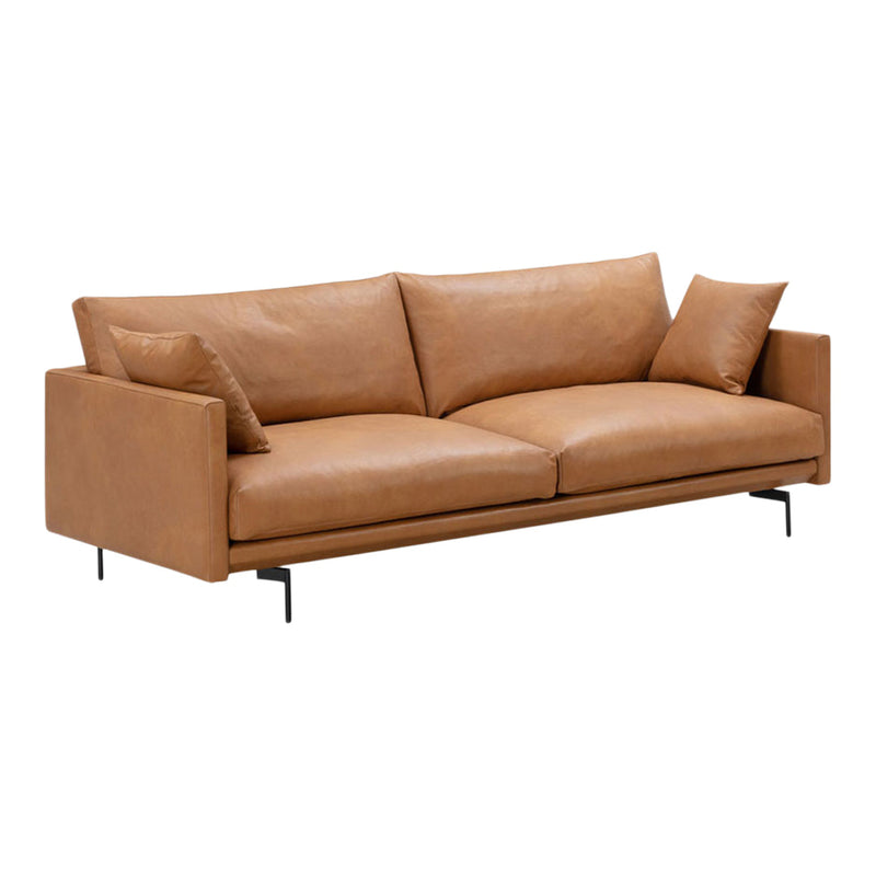 Tan leather sofa with smooth texture and minimalist design, featuring two cushions and sleek black metal legs.