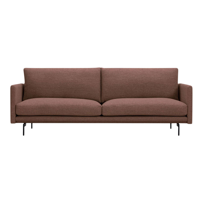 Brown modern sofa with a minimalist design and soft upholstery, featuring sleek black metal legs.