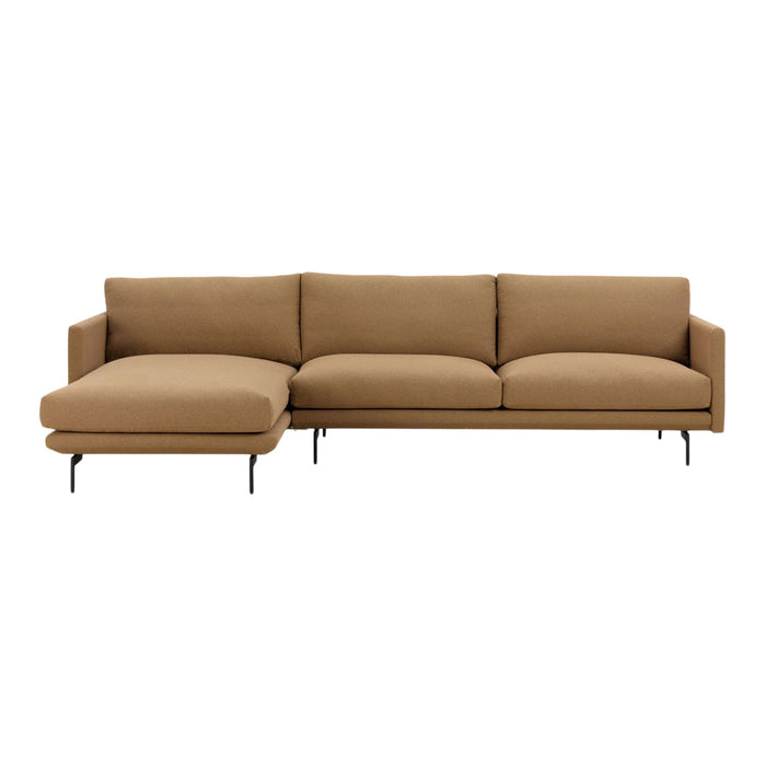 Tan sectional sofa with clean lines and minimalistic design, featuring solid fabric and sleek black legs.