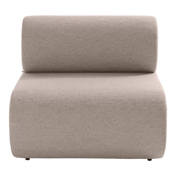 Beige fabric accent chair with a minimalist, curved design and soft texture, perfect for modern interiors.