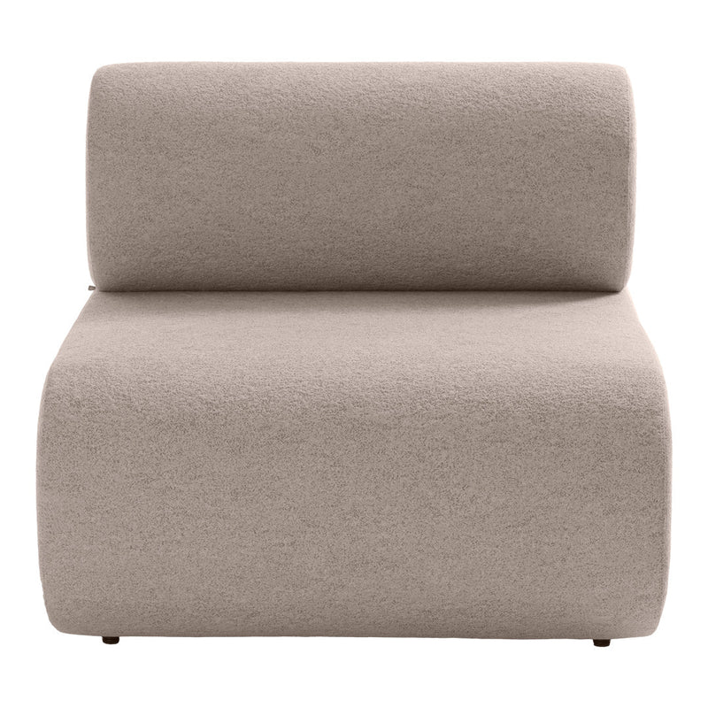 Beige fabric accent chair with a minimalist, curved design and soft texture, perfect for modern interiors.