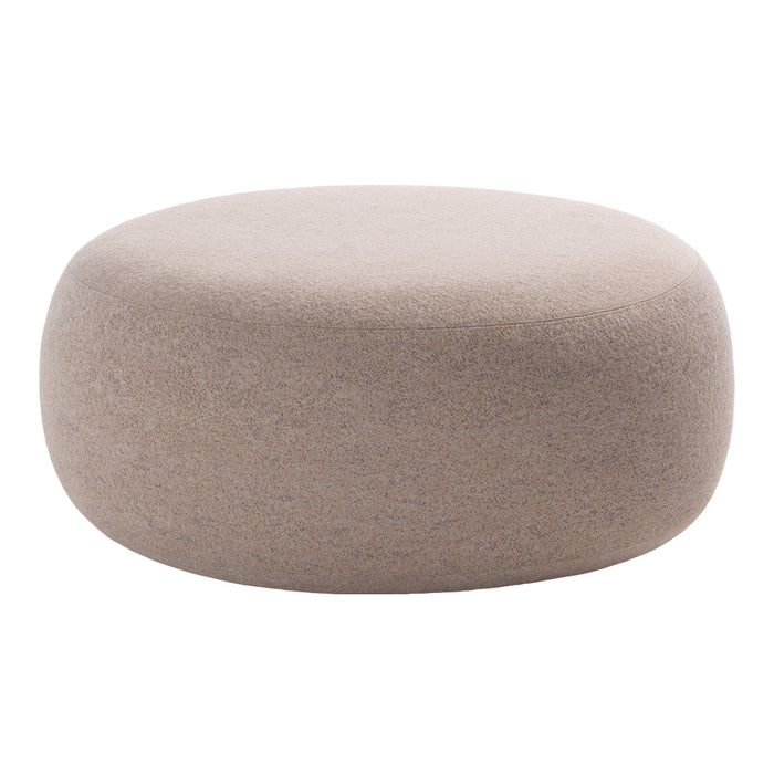 Round taupe ottoman with a smooth, minimalist design, perfect for modern decor.