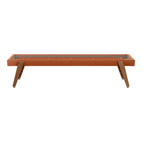 Rust orange planter with natural wood legs and textured gray interior pattern. Stylish and modern garden decor.