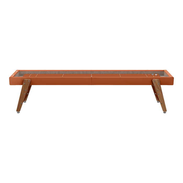 Rust orange planter with natural wood legs and textured gray interior pattern. Stylish and modern garden decor.