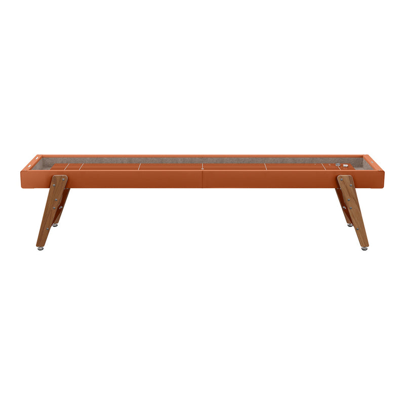 Rust orange planter with natural wood legs and textured gray interior pattern. Stylish and modern garden decor.