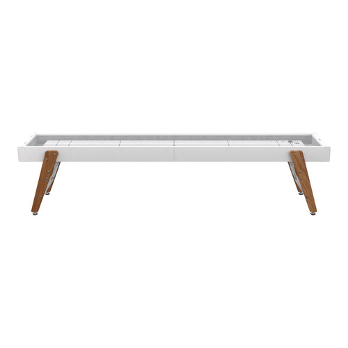 Sleek white table with natural wood legs and subtle gray accents, perfect for modern decor.