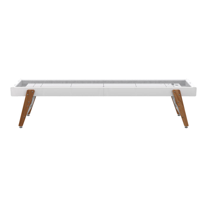 Sleek white table with natural wood legs and subtle gray accents, perfect for modern decor.