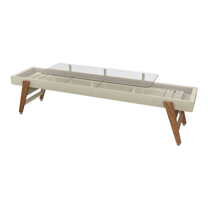 Modern beige coffee table with wood legs and glass top, featuring a minimalist design for contemporary decor.