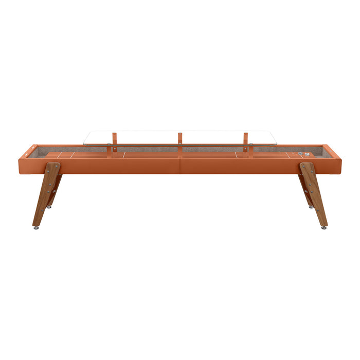 Orange tabletop coffee table with natural wood legs and a glass top, showcasing a modern, minimalist design.