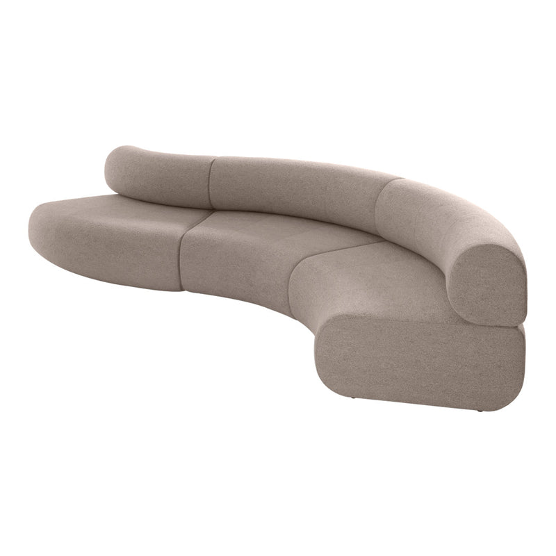 Curved beige sofa with smooth, minimalistic design and soft, textured fabric pattern. Ideal for modern interiors.