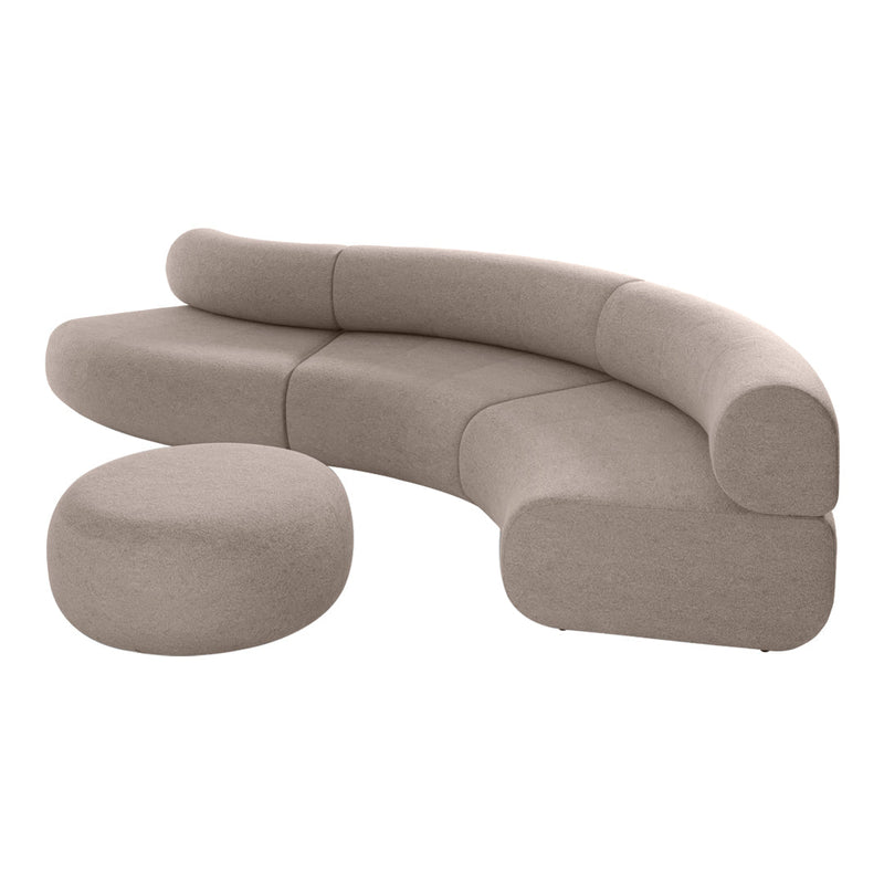 Beige curved sofa with smooth lines and a matching round ottoman, featuring a modern, minimalist design.