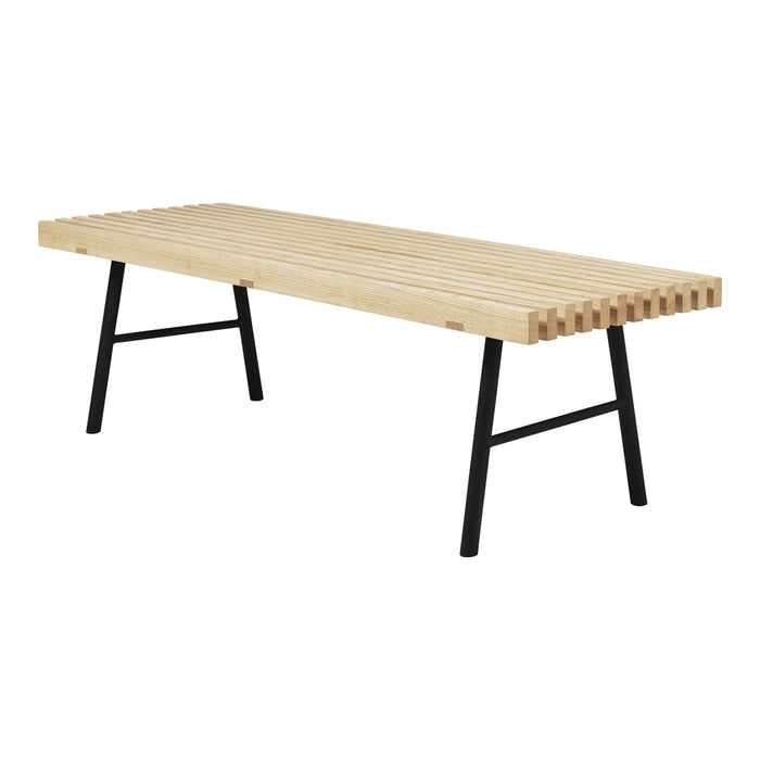 Natural wood slats in light beige and sleek black metal legs, showcasing a modern minimalist design.