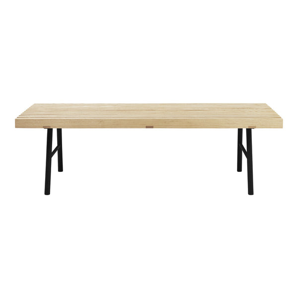 Natural wood coffee table with a light oak finish and black metal legs, featuring a minimalist design and clean lines.