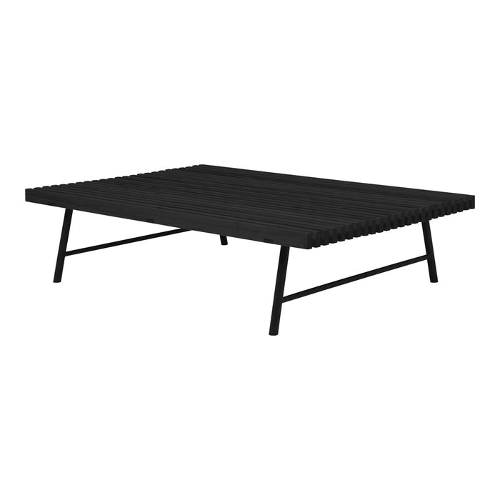 Black rectangular coffee table with a ribbed texture and sleek black legs. Modern minimalist design for any decor.