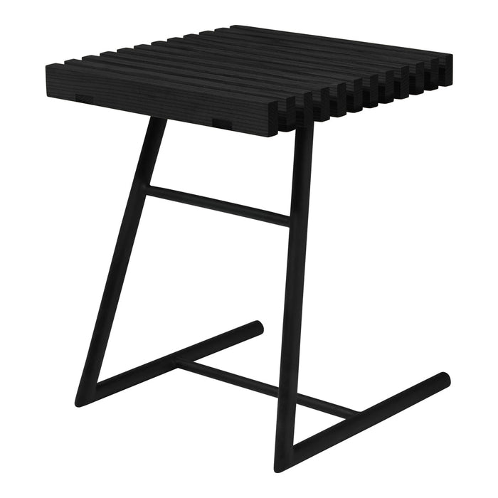 Black slatted side table with a sleek, modern design and minimalistic lines. Perfect for contemporary decor.