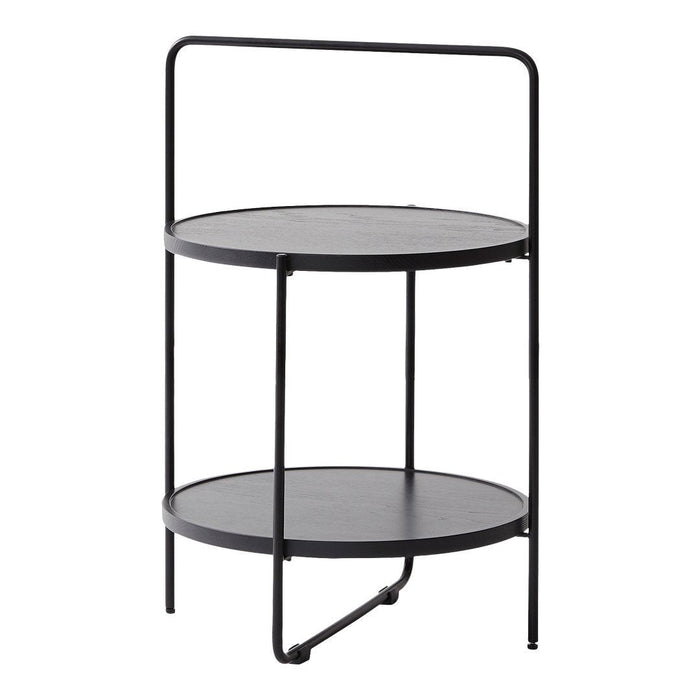 Black two-tiered round side table with a minimalist metal frame and sleek circular tops. Perfect for modern decor.