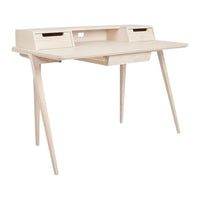 Light natural wood finish desk with sleek lines and minimalist design, featuring subtle grain patterns.