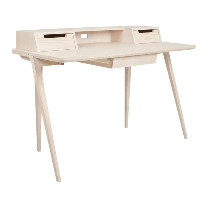 Light natural wood finish desk with sleek lines and minimalist design, featuring subtle grain patterns.