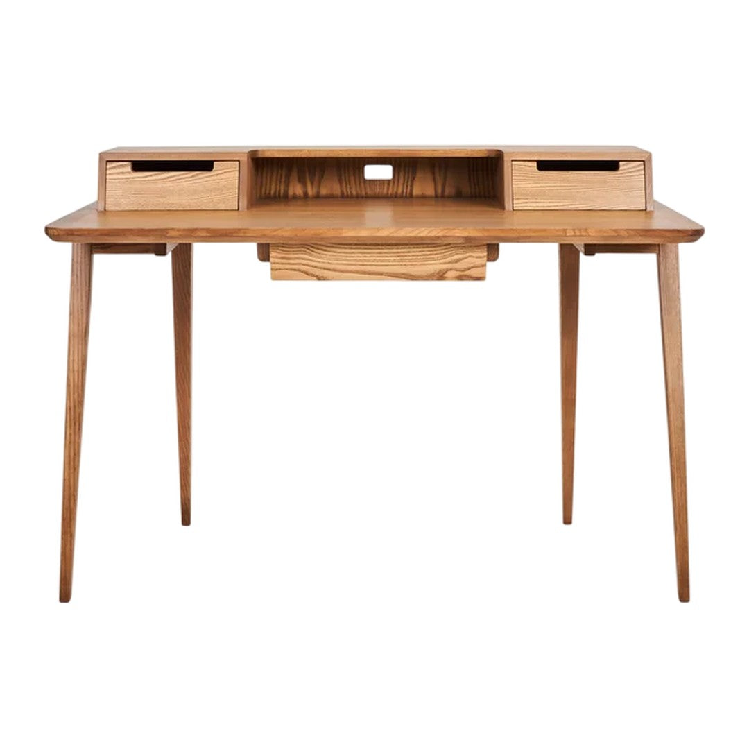 Light oak wood desk with natural grain, featuring a minimalist design and simple pull-out drawers.