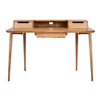 Light oak wood desk with natural grain, featuring a minimalist design and simple pull-out drawers.