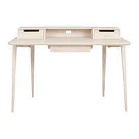 Light wood desk with a smooth, natural finish and minimalist design, featuring two small drawers and tapered legs.