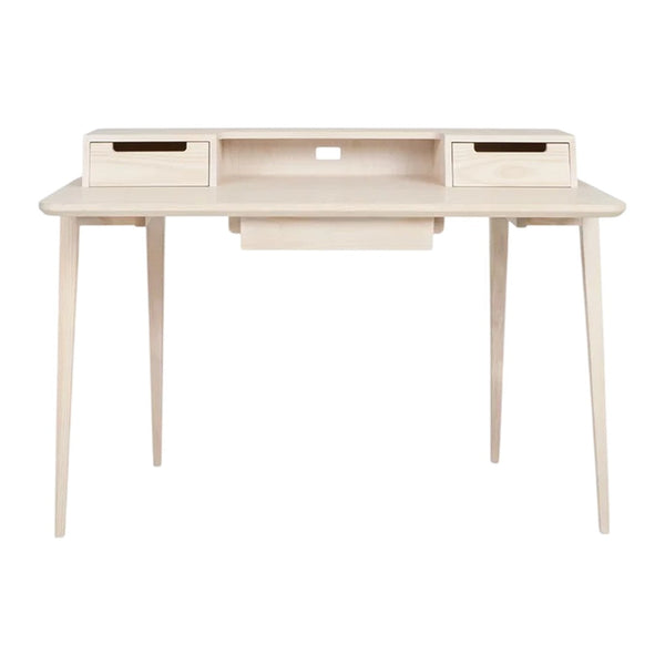 Light wood desk with a smooth, natural finish and minimalist design, featuring two small drawers and tapered legs.