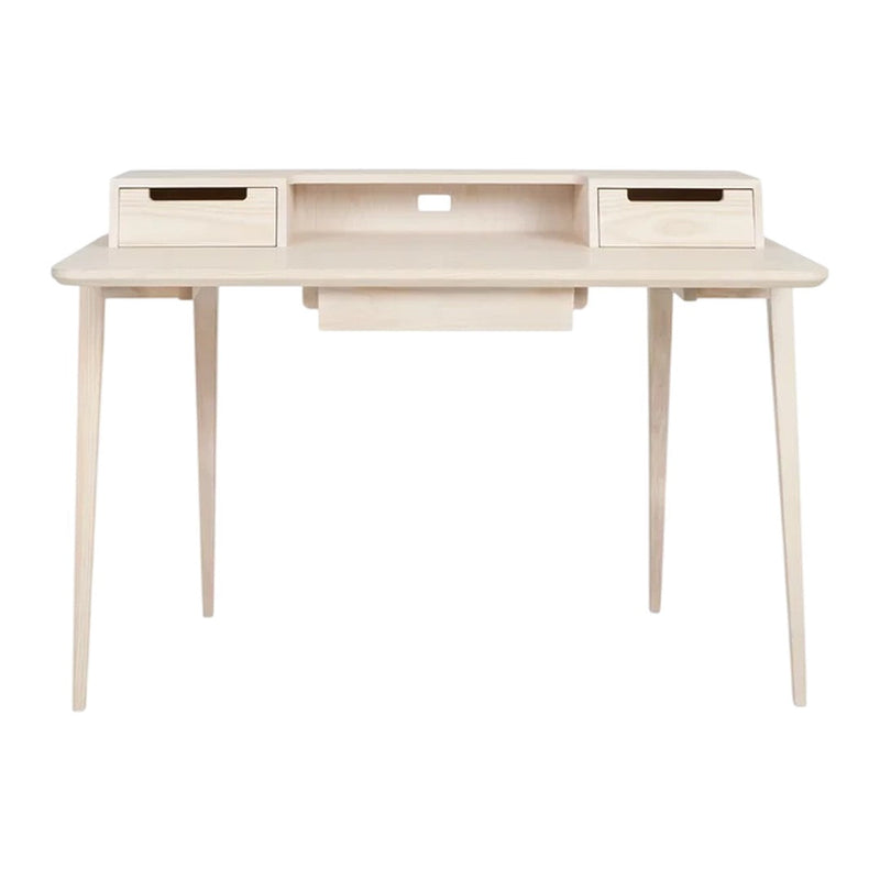 Light wood desk with a smooth, natural finish and minimalist design, featuring two small drawers and tapered legs.