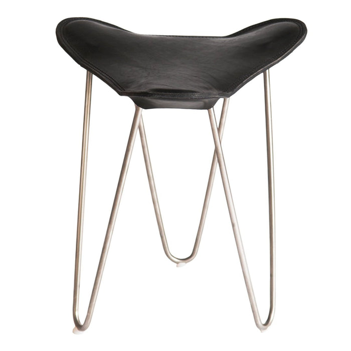 Black leather stool with a unique curved shape and sleek silver metal legs, adding modern elegance to any space.