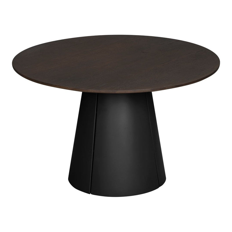Round black table with a smooth, dark wood top and a sleek, cone-shaped black base. Modern and minimalist design.