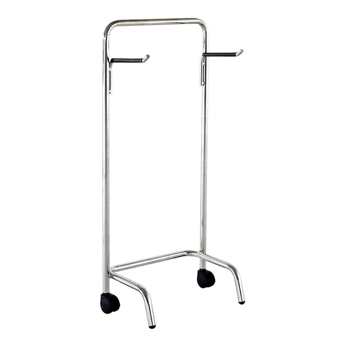 Silver metal garment rack with a sleek, minimalist design and smooth rolling wheels. Ideal for organizing clothing.