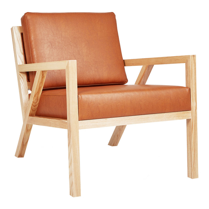 Tan leather armchair with a natural wood frame, featuring a minimalist design and clean lines.