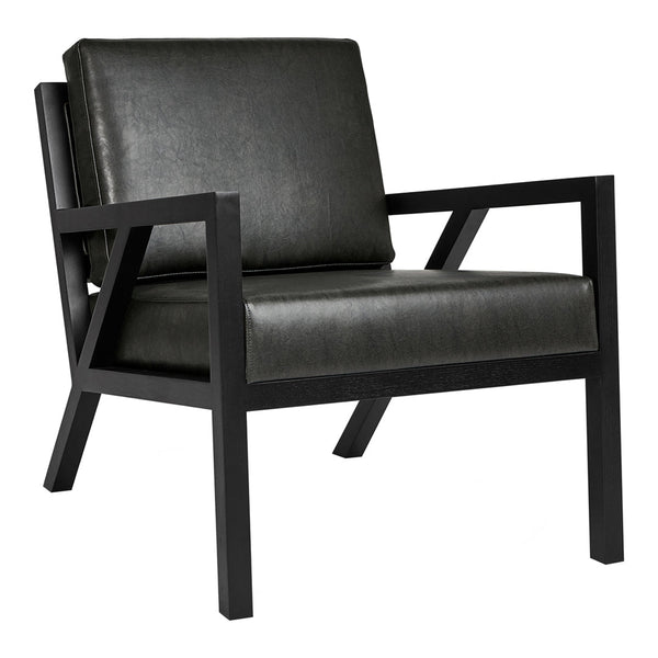 Black leather armchair with a sleek, modern design and contrasting dark wood frame. Ideal for contemporary decor.