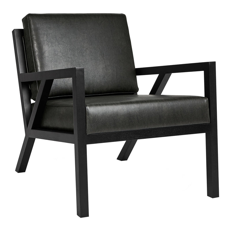 Black leather armchair with a sleek, modern design and contrasting dark wood frame. Ideal for contemporary decor.