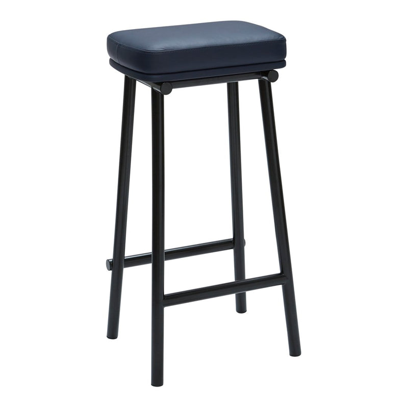 Navy blue padded bar stool with a sleek black metal frame, featuring a minimalist design and contemporary style.